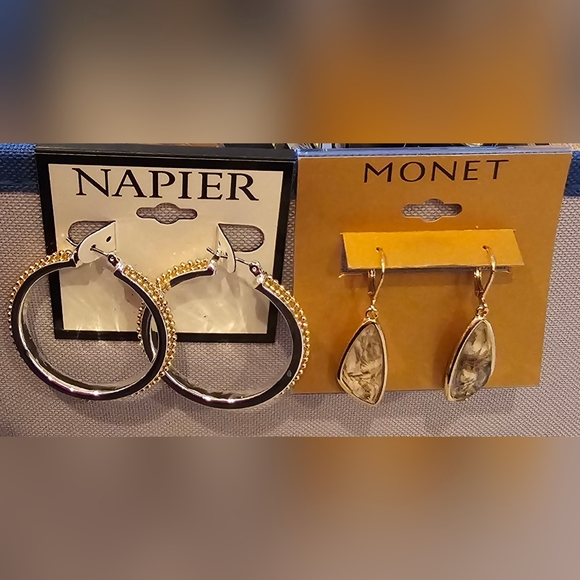 NAPIER/MONET FASHION JEWELRY GOLDTONE DANGLE & SILVERTONE HOOPS EARRINGS BUNDLE - Picture 1 of 11